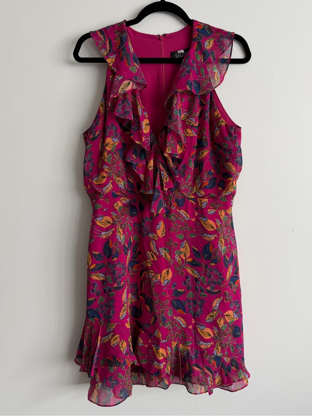SALONI Fuchsia Floral Ruffle V-Neck Mini Dress